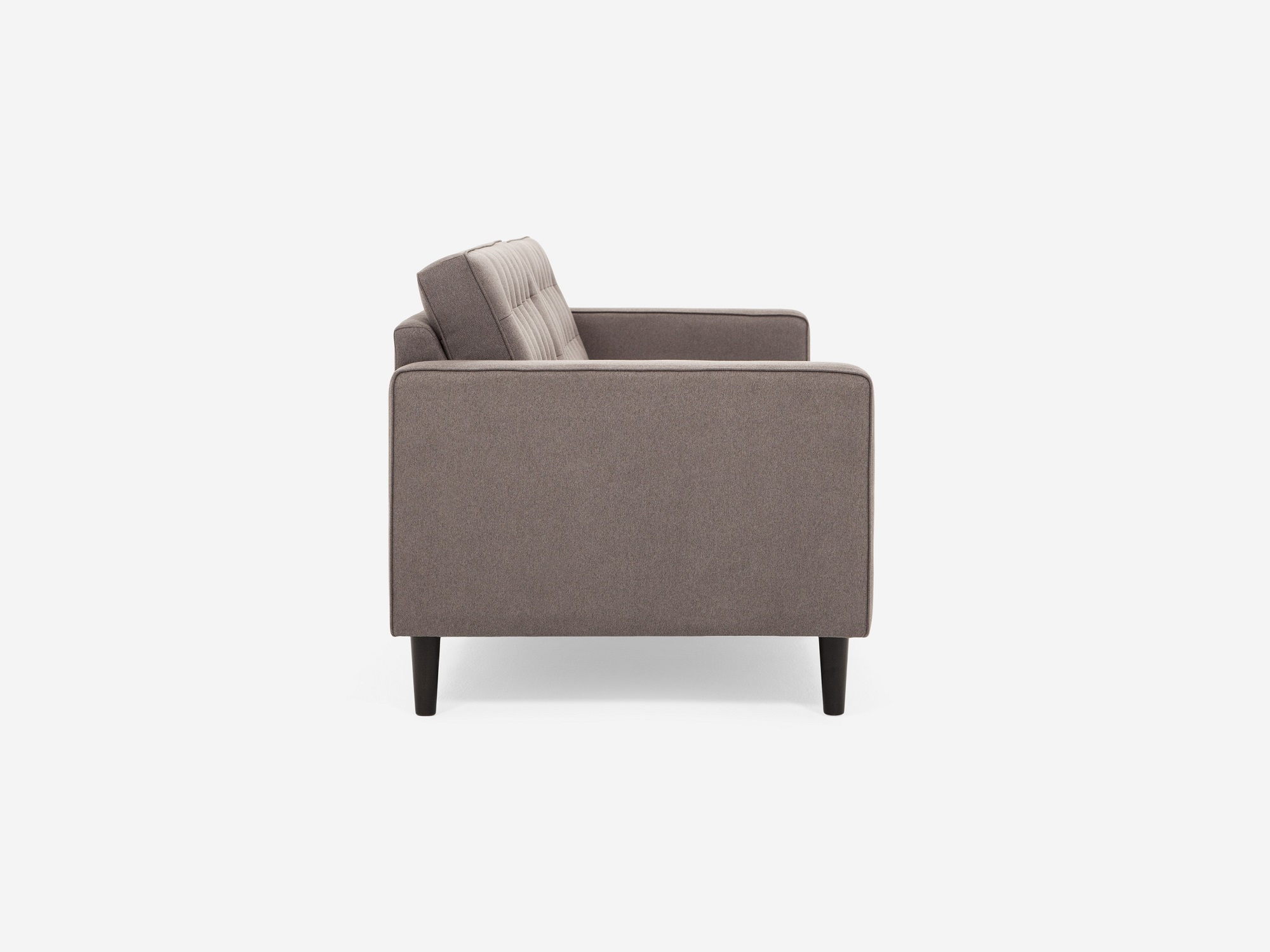 Side view of our mid century modern sofa, the Reverie 86", upholstered in grey fabric